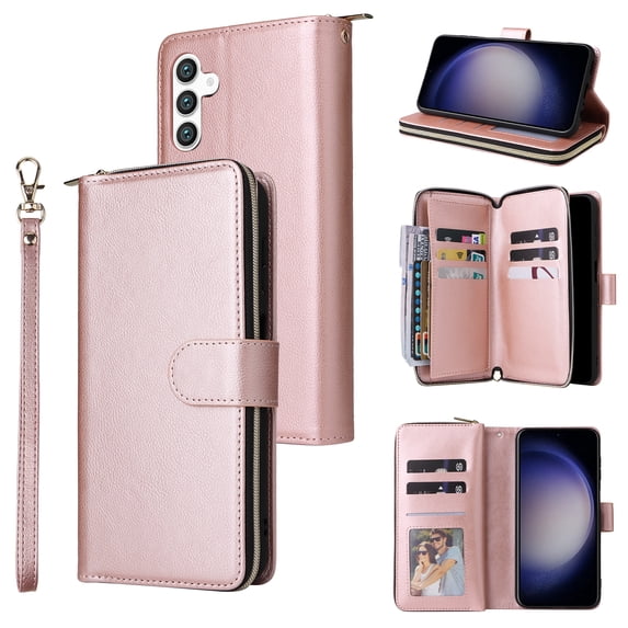 Dteck Case Compatible with Samsung Galaxy S24,Magnetic Leather Wallet Case with 9 Card Slots Stand RFID Blocking Premium Zipper Protective Flip Leather Phone Cover with Wrist Strap,Rosegold