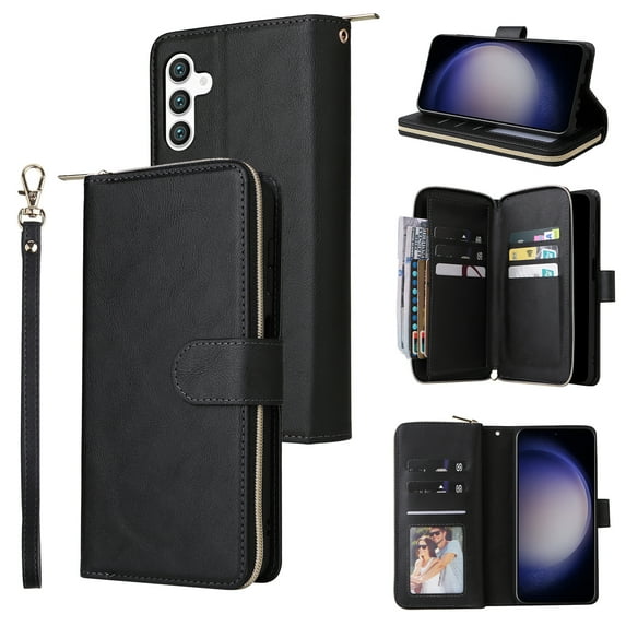Dteck Case Compatible with Samsung Galaxy S24,Magnetic Leather Wallet Case with 9 Card Slots Stand RFID Blocking Premium Zipper Protective Flip Leather Phone Cover with Wrist Strap,Black