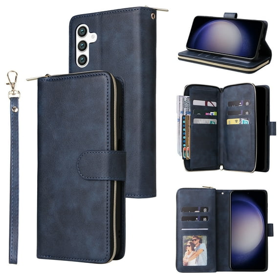 Dteck Case Compatible with Samsung Galaxy S24,Magnetic Leather Wallet Case with 9 Card Slots Stand RFID Blocking Premium Zipper Protective Flip Leather Phone Cover with Wrist Strap,Blue