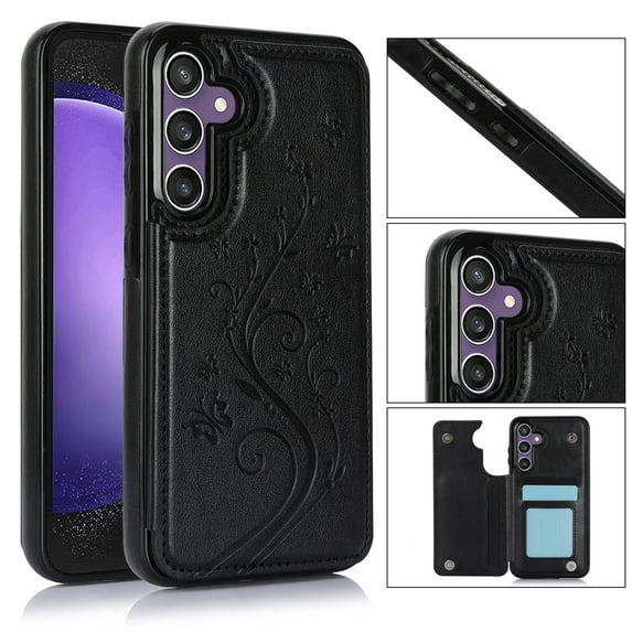 Dteck Case Compatible with Samsung Galaxy S24 Plus,Magnetic Clasp Leather Wallet with Card Slot Butterfly Embossing Case Flip Kickstand Protective Phone Cover for Galaxy S24+,Black