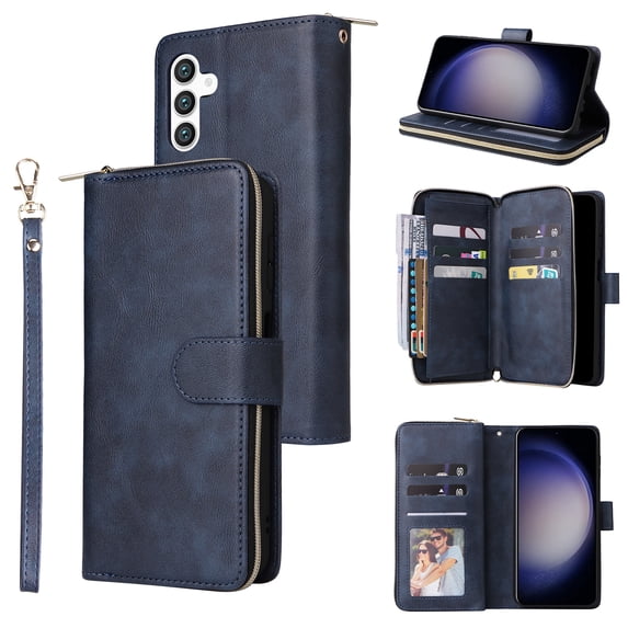 Dteck Case Compatible with Samsung Galaxy S24 Plus,Magnetic Leather Wallet Case with 9 Card Slots Stand RFID Blocking Premium Zipper Protective Flip Leather Phone Cover with Wrist Strap,Blue