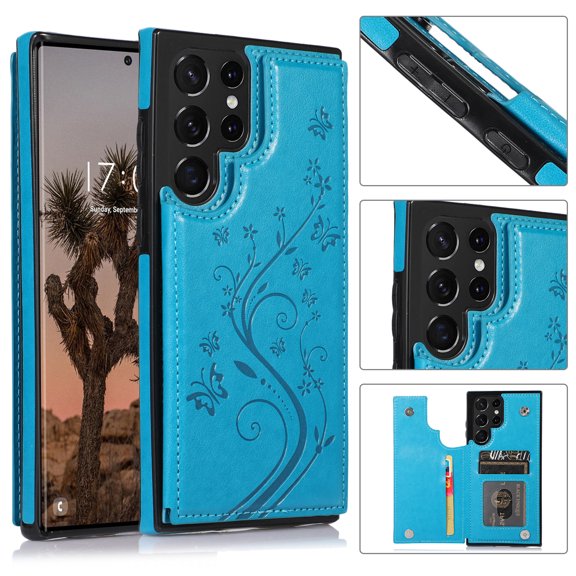 Dteck Case Compatible with Samsung Galaxy S25 Ultra,Magnetic Clasp Leather Wallet with Card Slot Butterfly Embossing Case Flip Kickstand Protective Phone Cover for Galaxy S25 Ultra,Blue
