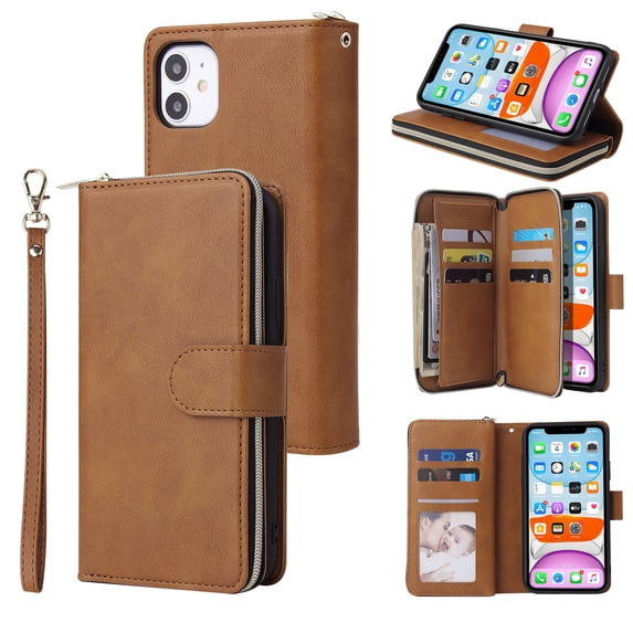 Dteck Case Compatible with iPhone 11,Magnetic Leather Wallet Case with 9 Card Slots Stand RFID Blocking Premium Zipper Protective Flip Leather Phone Cover with Wrist Strap,Brown