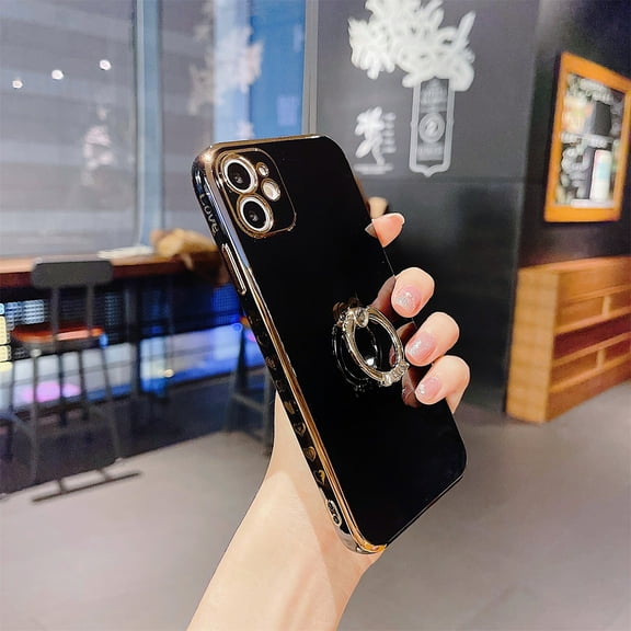 Dteck Case Compatible with iPhone 13 6.1" 2021 Release, Elastic TPU Shell Plating Frame Metal Ring/Holder Kickstand Ultra-thin Lightweight Shockproof Luxury Fashion Case For iPhone 13, Black