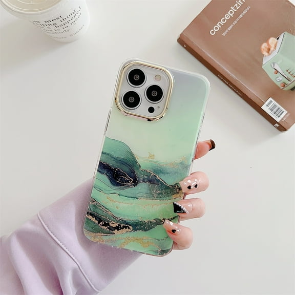 Dteck Case Compatible with iPhone 13 Pro Max 6.7 Inch, Sturdy Shell with Luxury Marble Pattern Metal Pens Protection Shockproof & Anti-drop Protective Simple Design Fashion Case, Green,