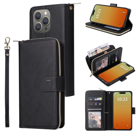 Dteck Case Compatible with iPhone 13 Pro Max,Magnetic Leather Wallet Case with 9 Card Slots Stand RFID Blocking Premium Zipper Protective Flip Leather Phone Cover with Wrist Strap,Black
