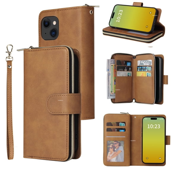 Dteck Case Compatible with iPhone 13 mini,Magnetic Leather Wallet Case with 9 Card Slots Stand RFID Blocking Premium Zipper Protective Flip Leather Phone Cover with Wrist Strap,Brown