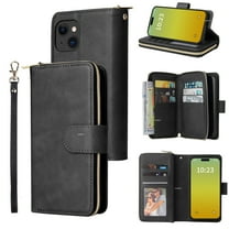 Dteck Case Compatible with iPhone 14,Magnetic Leather Wallet Case with 9 Card Slots Stand RFID Blocking Premium Zipper Protective Flip Leather Phone Cover with Wrist Strap,Black
