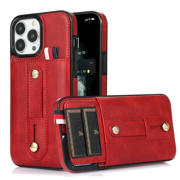 Dteck Case Compatible with iPhone 14 Pro Max 2022, Business Protective Wallet Cover with Hidden Card Holder Phone Finger Grip Band Loop Stretch Holder Kickstand 2 Card Storage Case, Red
