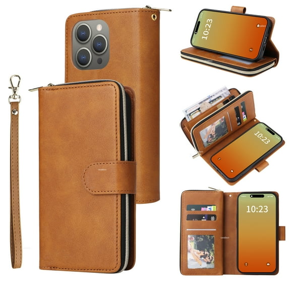 Dteck Case Compatible with iPhone 14 Pro Max,Magnetic Leather Wallet Case with 9 Card Slots Stand RFID Blocking Premium Zipper Protective Flip Leather Phone Cover with Wrist Strap,Brown