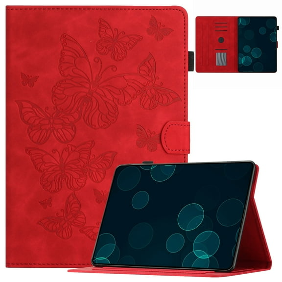 Dteck Case Fit 2018/2017 iPad 9.7 5th / 6th Generation / iPad Air 2, Embossed Butterfly PU Leather Slim Fit Folio Stand Cover with Card Holder Auto Wake/Sleep,Red