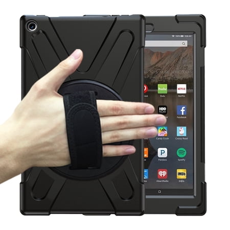 Dteck Case For Amazon Kindle Fire HD10 2017/2018/2019 Released, Shockproof Armor Heavy Duty Protective Cover Kickstand Palmstrap Rubber Hard Case (without Screen Protector)10.1 inches,Black