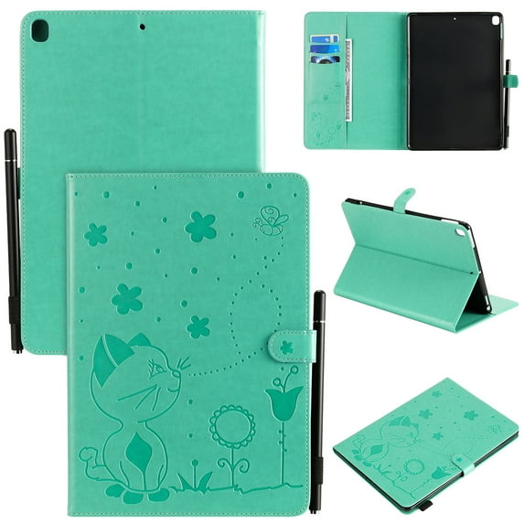 Dteck Case For Apple iPad 9th Generation 10.2-inch 2021,Magnetic Leather Cat Patterned Wallet Card Holder Smart iPad 8th/7th Gen 10.2" Case Folio Stand Protective Automatic wake/sleep Cover,Green