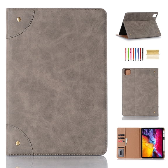 Dteck Case For Apple iPad Pro 11 2nd Generation (2020 Released) 11 inch, Retro Vintage Leather Wallet Smart Folio Case Stand Shockproof Protective Automatic wake/sleep Cover ,Gray