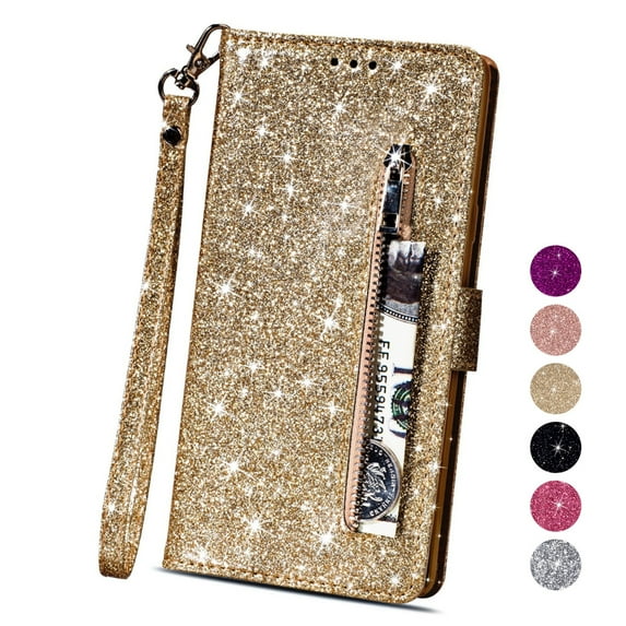 Dteck Case For Apple iPhone 11 (6.1 inches) ,Magnetic Leather Bling Glitter Card Holder Wallet Case Kickstand Strap Full Protective Phone Shockproof Rubber Cover ,Gold
