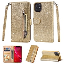 Dteck Case For Apple iPhone 11 Pro Max(6.5 inches) ,Magnetic Leather Bling Glitter Card Holder Wallet Case Kickstand Strap Full Protective Phone Shockproof Rubber Cover ,Gold