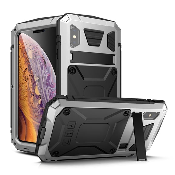 Dteck Case For Apple iPhone XS Max (6.5 inch),Shockproof Armor Rubber Rugged Kickstand Metal Case Hybrid Built-in Tempered Glass Screen Protective Full Cover ,Silver