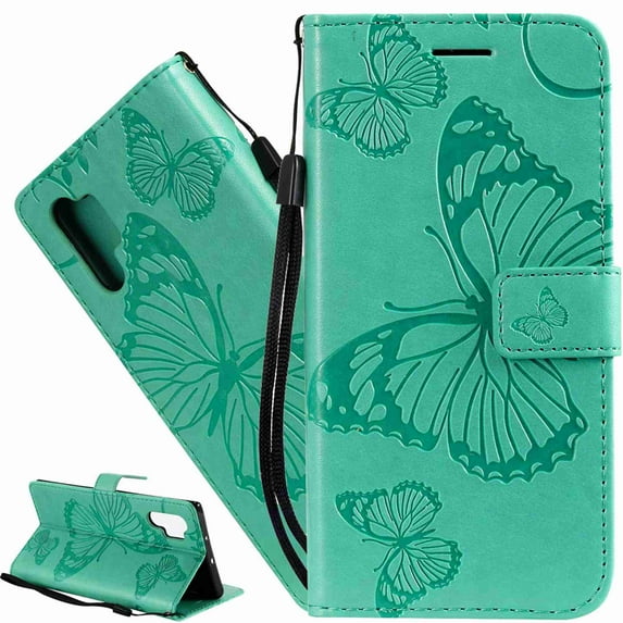 Dteck Case For Galaxy Note 10 Luxury PU Leather Embossed Butterfly Wallet Stand Cover with Card Slots , green