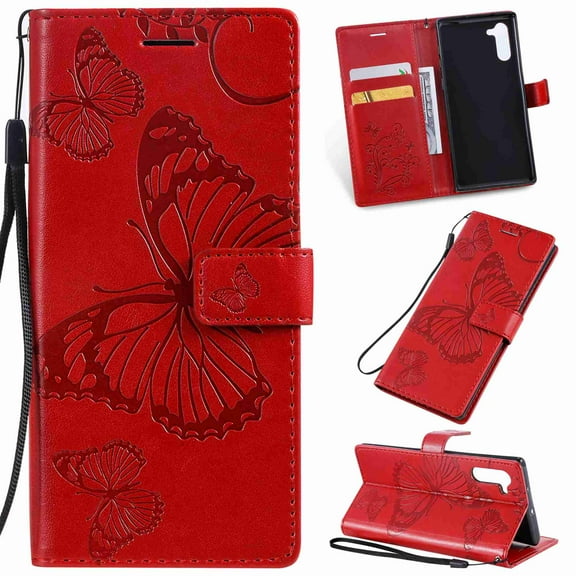 Dteck Case For Galaxy Note 10 Luxury PU Leather Embossed Butterfly Wallet Stand Cover with Card Slots , red