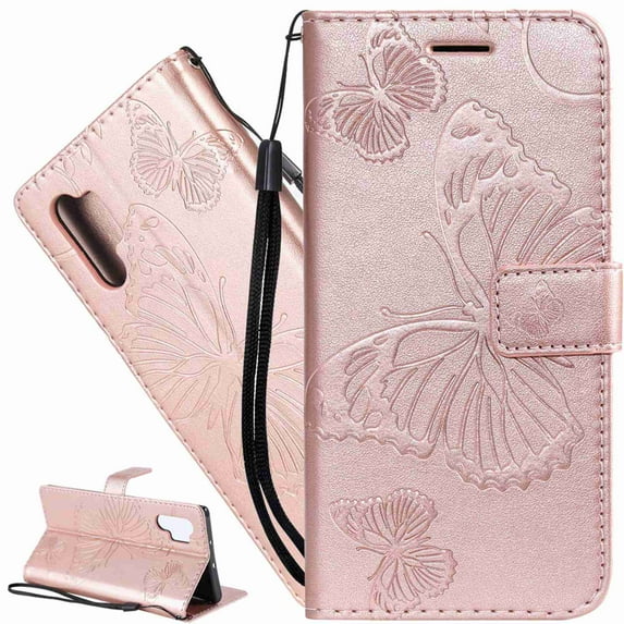 Dteck Case For Galaxy Note 10 Luxury PU Leather Embossed Butterfly Wallet Stand Cover with Card Slots , rosegold