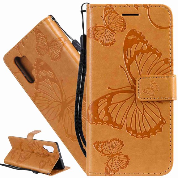 Dteck Case For Galaxy Note 10 Luxury PU Leather Embossed Butterfly Wallet Stand Cover with Card Slots , yellow