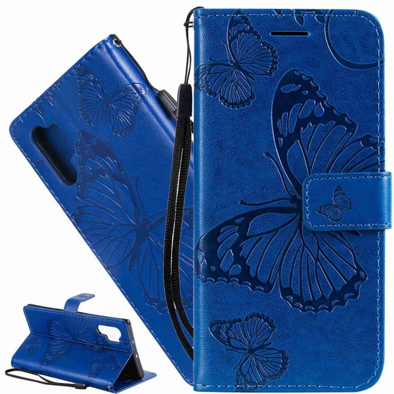 Dteck Case For Galaxy Note 10 Plus Butterfly Pattern Embossed PU Leather Magnetic Flip Cover Card Holders & Hand Strap Wallet Purse Cover, blue