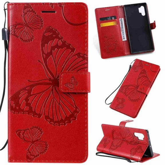 Dteck Case For Galaxy Note 10 Plus Luxury PU Leather Embossed Butterfly Wallet Stand Cover with Card Slots , red
