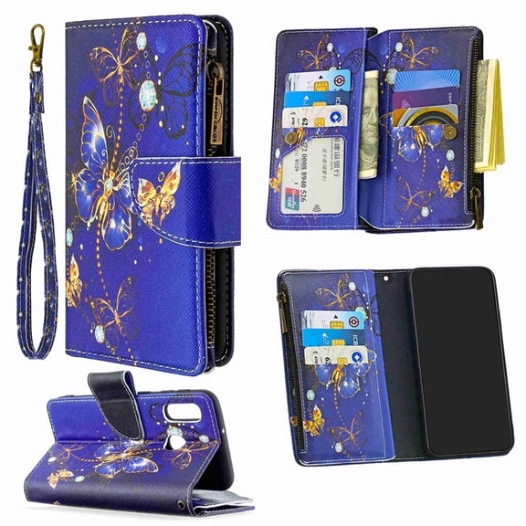Dteck Case For Samsung Galaxy A20e / A10e Case, 3D Zipper 9 Card Holder Folio Flip Leather Wallet Case with Strap&Cash Pocket Shockproof Full Body Protective Cover, Butterfly # 3