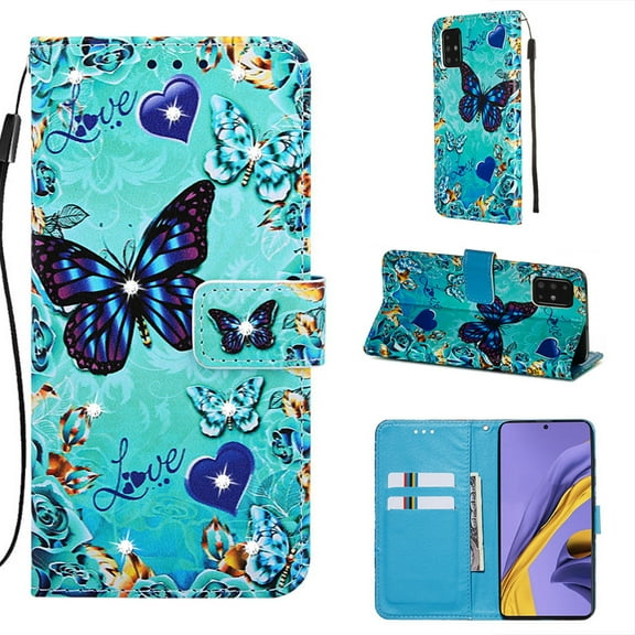 Dteck Case For Samsung Galaxy A51 4G (6.5 inch), Diamond Bling Magnetic Patterned Strap Folio PU Leather Wallet Case Card Slots Pocket Flip Stand TPU Cover,Butterfly and Love (Diamond)