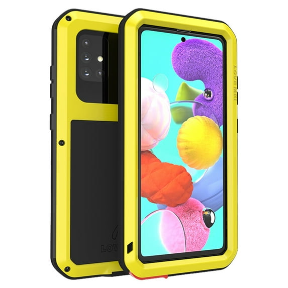 Dteck Case For Samsung Galaxy A51 4G (6.5 inch),Shockproof Armor Rugged Rubber Metal Aluminum Tempered Glass Screen Protective Hybrid Back Phone Case Cover ,Yellow