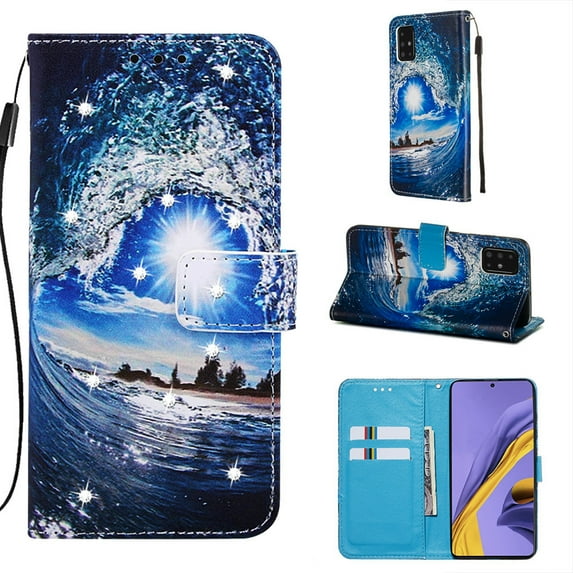 Dteck Case For Samsung Galaxy A71 4G (6.7 inch), Diamond Bling Magnetic Patterned Strap Folio PU Leather Wallet Case Card Slots Pocket Flip Stand TPU Cover,Sea wave (Diamond)