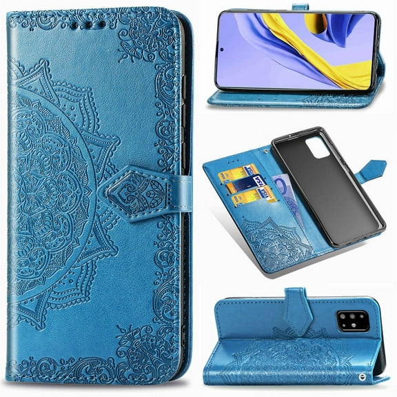 Dteck Case For Samsung Galaxy A71 4G (6.7 inch), Magnetic Retro Pattern Flower Leather Wallet Case Shockproof Card Holder Kickstand Protective Flip Cover ,Blue