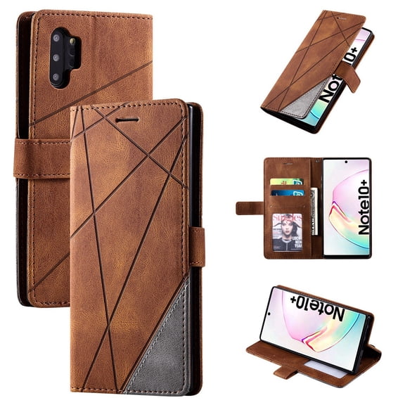 Dteck Case For Samsung Galaxy Note 10 Plus(6.8 inch), Luxury Magnetic Leather Card Holder Wallet Case Hybrid Protective Stand Shockproof Cover ,Brown