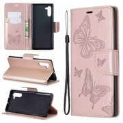 Dteck Case For Samsung Galaxy Note 10 Plus Fashion Wallet Purse 3D Embossed Butterflies Premuim PU Leather Flip Cover Ultra Slim TPU Inner Bumper Hand Strap Magnetic Card Slots Pink