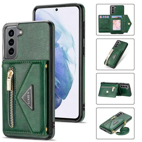 Dteck Case For Samsung Galaxy S22 Plus,Luxury Leather Zipper Card Holder Wallet Cross Body Shoulder Strap Case Shockproof Hybrid Rubber Kickstand Cover for Galaxy S22+ 5G,Green
