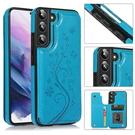 Dteck Case For Samsung Galaxy S22,Shockproof Rubber Hybrid Pattern Leather Card Holder Wallet Back Flip Case Kickstand Cover for Galaxy S22 5G,Blue