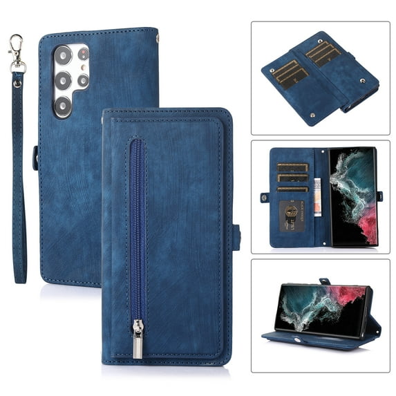 Dteck Case For Samsung Galaxy S22 Ultra 5G,Shockproof Magnetic Zipper Wallet Flip Leather Stand Case Cover,For Samsung Galaxy S22 Ultra,Blue