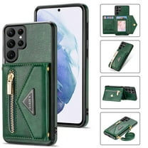 Dteck Case For Samsung Galaxy S22 Ultra,Luxury Leather Zipper Card Holder Wallet Cross Body Shoulder Strap Case Shockproof Hybrid Rubber Kickstand Cover for Galaxy S22 Ultra 5G,Green