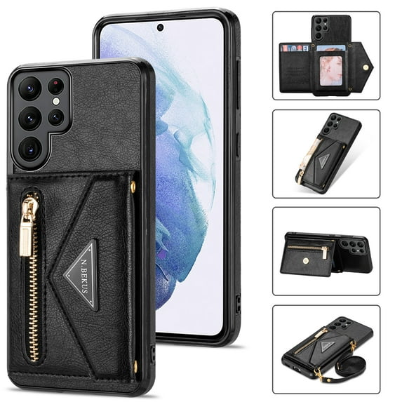 Dteck Case For Samsung Galaxy S22 Ultra,Luxury Leather Zipper Card Holder Wallet Cross Body Shoulder Strap Case Shockproof Hybrid Rubber Kickstand Cover for Galaxy S22 Ultra 5G,Black