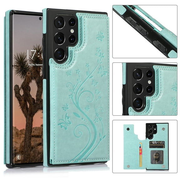Dteck Case For Samsung Galaxy S22 Ultra,Shockproof Rubber Hybrid Pattern Leather Card Holder Wallet Back Flip Case Kickstand Cover for Galaxy S22 Ultra 5G,Mint