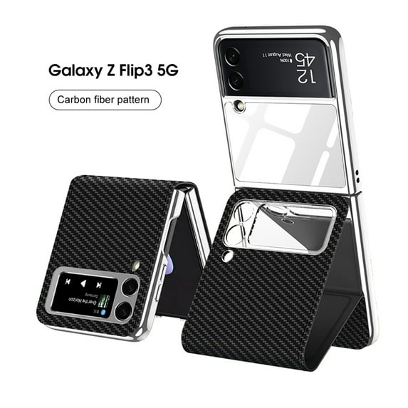 Dteck Case For Samsung Galaxy Z Flip 3 5G,Magnetic Leather Hybrid Plating PC Case with Mirror Shockproof Folding Stand Protective Cover,Carbonfiber