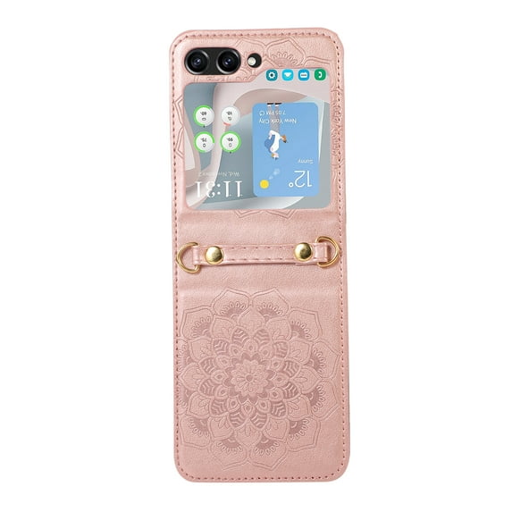 Dteck Case For Samsung Galaxy Z Flip 6 5G Shockproof Embossed Mandala Pattern Women's Wallet Case with Card Holder Detachable Shoulder Strap, Rosegold