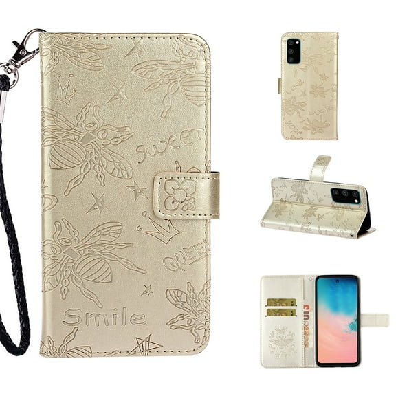 Dteck Case For Samsung S20 Plus (6.7 Inch), Strap Wallet Leather Sweet 3D Cartoon Bee Flower Embossed Magnetic PU Leather Stand Shockproof Card Slot Soft Inner Cover, Gold