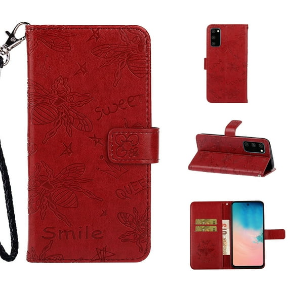 Dteck Case For Samsung S20 Plus (6.7 Inch), Strap Wallet Leather Sweet 3D Cartoon Bee Flower Embossed Magnetic PU Leather Stand Shockproof Card Slot Soft Inner Cover, Red