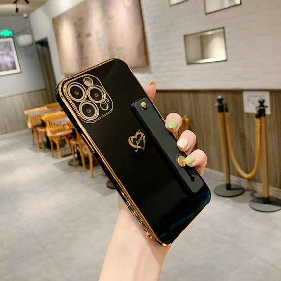 Dteck Case For iPhone 12 6.1 inch,Shockproof Luxury Love Heart Pattern Rubber TPU+PC Wristband Kickstand Ultra Slim Case Cover.For iPhone 12,Black