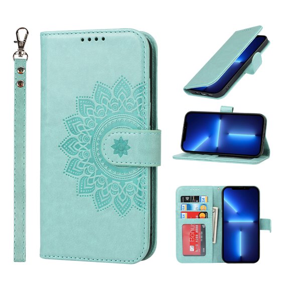 Dteck Case For iPhone 13 Pro,PU Leather Shockproof Magnetic Flip Wallet Stand 360 Protection Cover with Wrist Strap.For iPhone 13 Pro,Green
