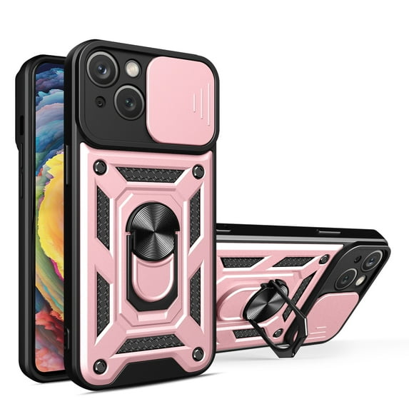 Dteck Case For iPhone 14,Shockproof Rugged Rubber Case Slide Camera Cover Magnetic Ring Holder Kickstand Cover for iPhone 14 6.1-inch,Rosegold