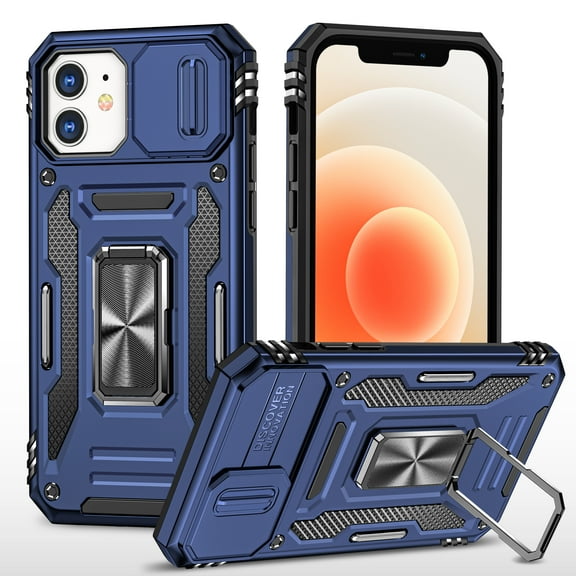 Dteck Case For iPhone XR,Magnetic Armor Shockproof Ring Stand Slide Camera Lens Protector Hard PC Cover,Navyblue