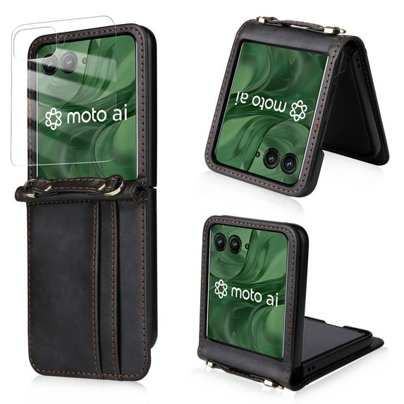 Dteck Case with Front Screen Protector for Motorola Razr 2025/2024,Shockproof Leather Wallet Case with Card Holder Crossbody Detachable Lanyard Strap Cover for Motorola Razr 2025/2024,Black
