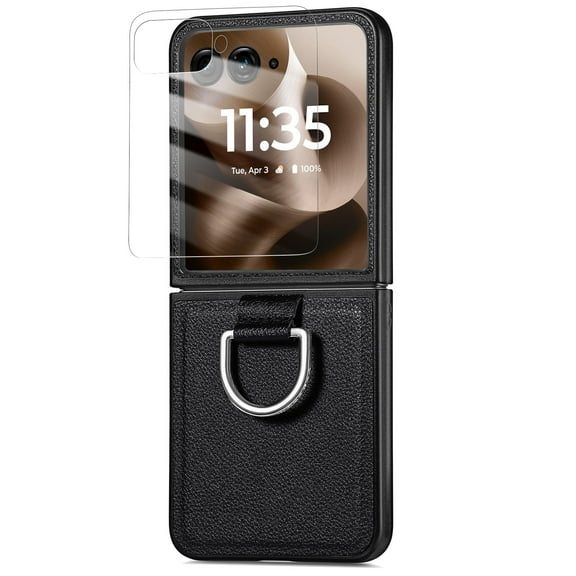 Dteck Case with Front Screen Protector for Motorola Razr Plus 2024/2025,Slim Leather Protective Case with Ring Hard PC Back Cover Non-Slip Compatible with Motorola Razr+ 2025/2024,Black